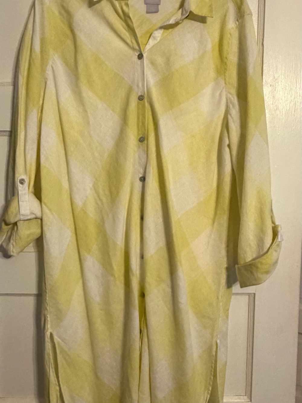 Chico's Yellow and White linen button down top